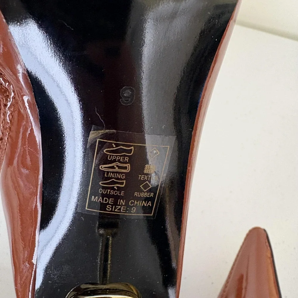 Azalea Wang Boots Womens Size 9 Brown Patent Pointed Toe Stiletto Zip Ankle Gold